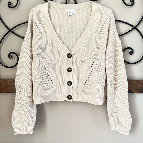 Ivy & Main Button Front Pointelle Cream Crop Long Sleeve Cardigan - Picture 2 of 15